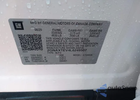 2020 Chevrolet Equinox Lt z USA, uszkodzony, nr VIN 2GNAXTEV4L6249507